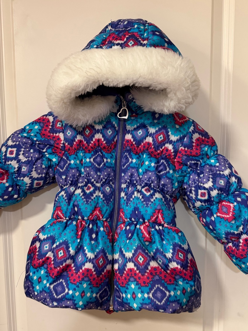 Pacific Trail Girls' Teal, Blue & Pink Patterned Puffer Coat with Faux Fur Hood